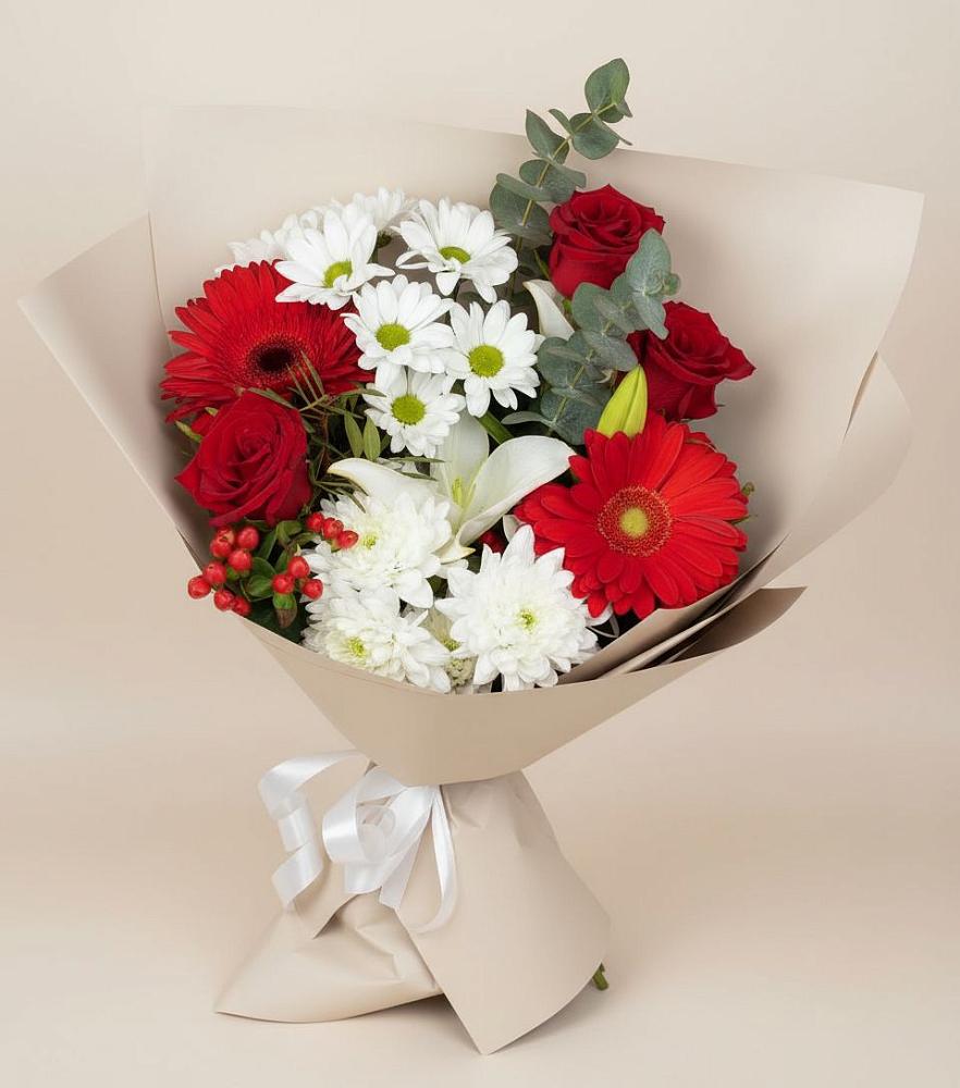 Букет цветов из: Розы, Хризантемы, Герберы и Лилии в Константиновске